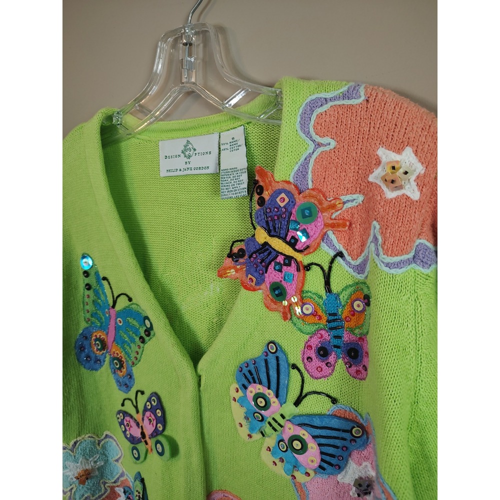 Design Options Philip Jane Gordon Lime Green Butterfly Floral Beaded Cardigan S - Picture 8 of 10
